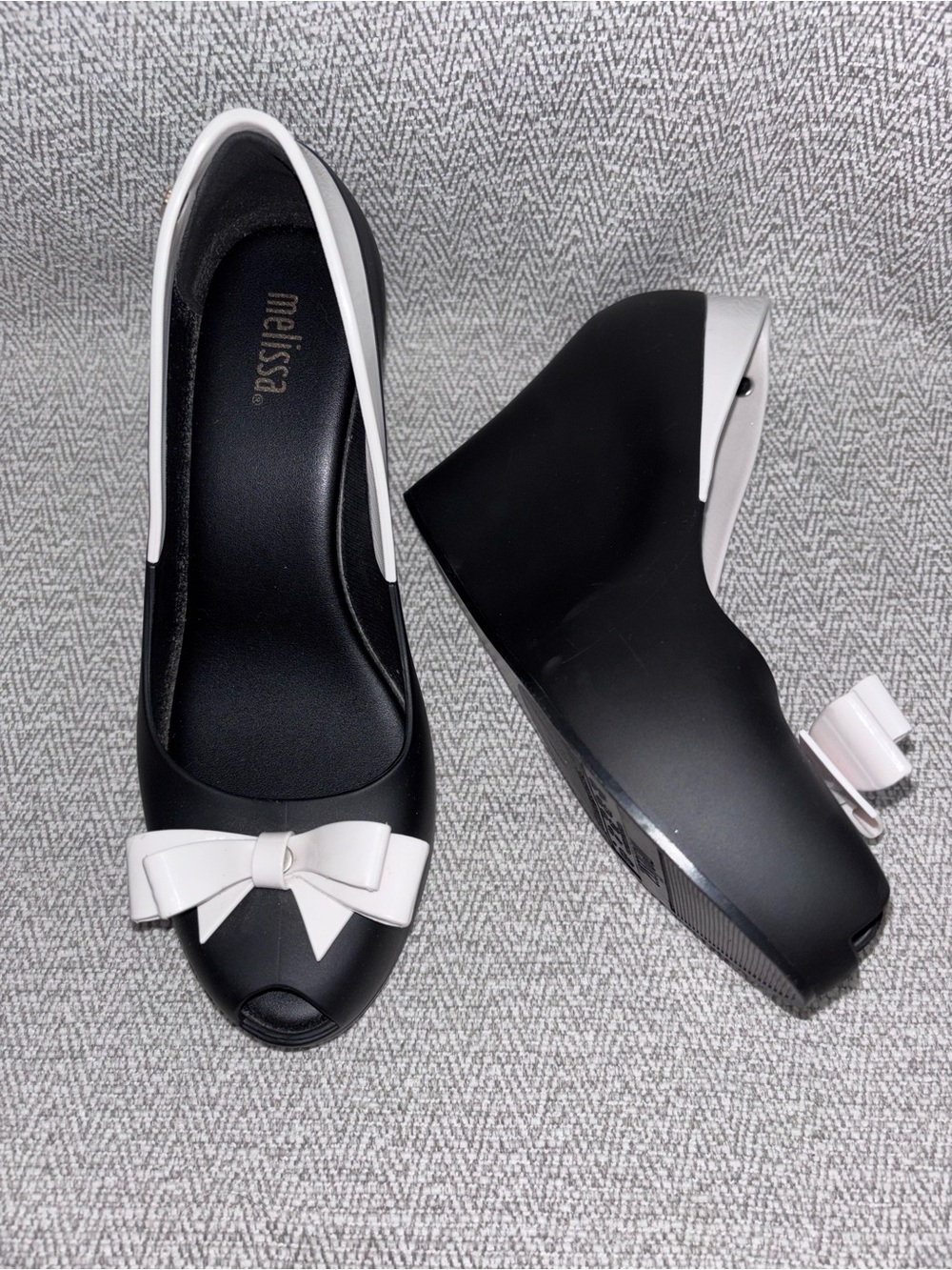 Melissa Queen black jelly platform peeptoe wedge heels bow detail size 7